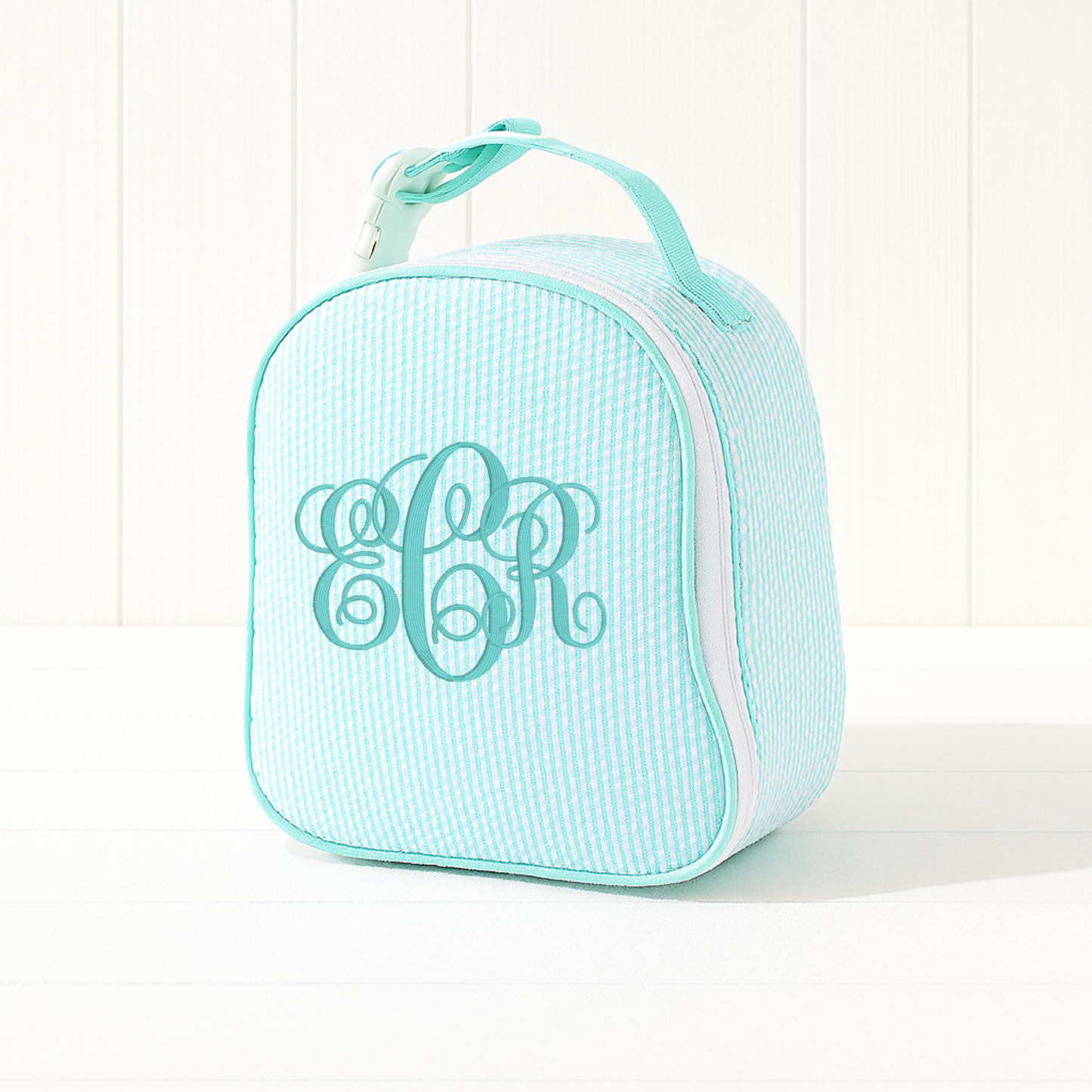 Monogrammed Mint Seersucker Gumdrop Lunchbox