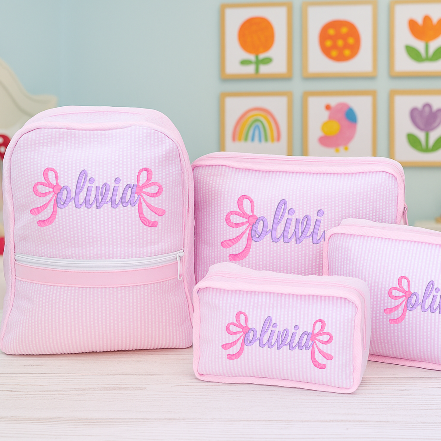 Monogrammed Pink & White Seersucker Stacking Set