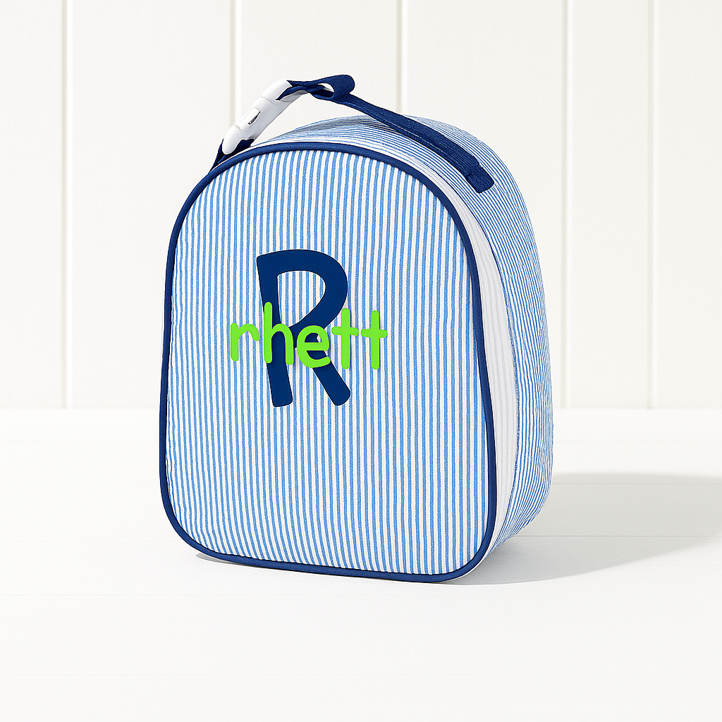 Monogrammed Navy Seersucker Gumdrop Lunchbox