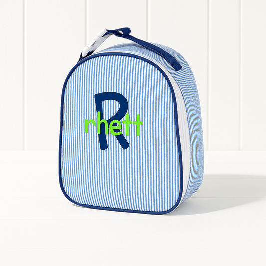 Monogrammed Navy Seersucker Gumdrop Lunchbox