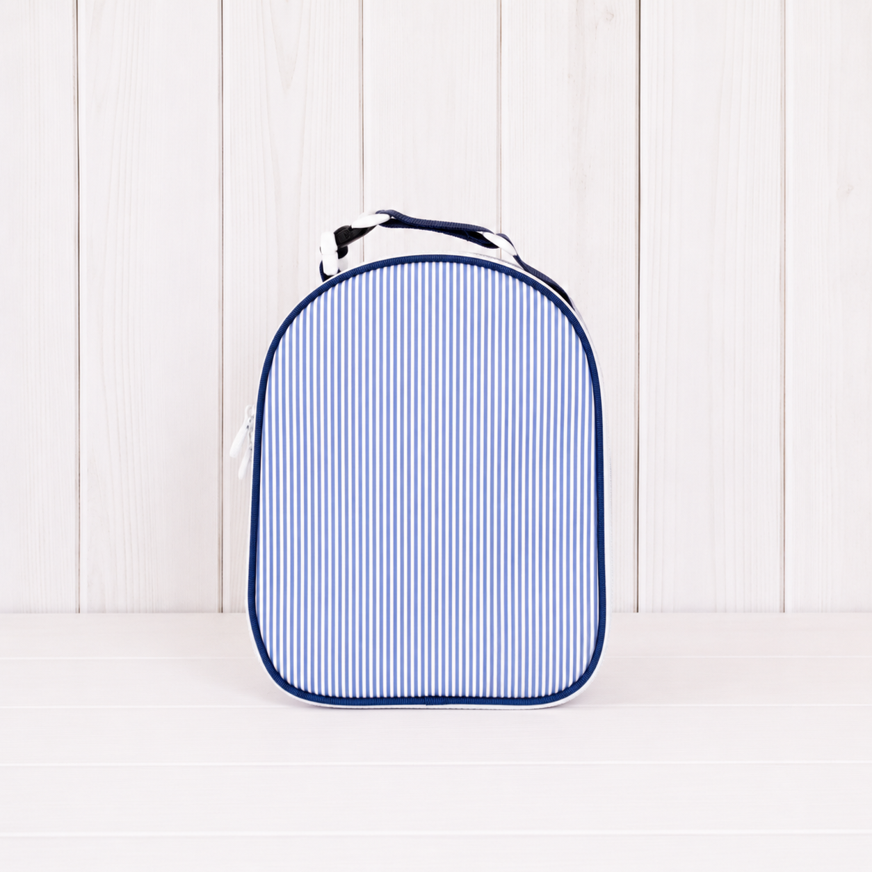 Monogrammed Navy Preppy Striped Wipeable Lunch Box
