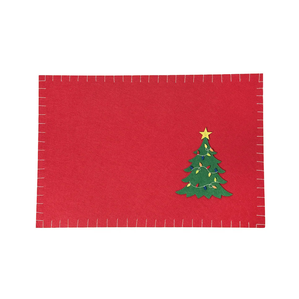 A red felt Christmas tree ornament or decorative plaque featuring a green Christmas tree with yellow lights and a gold star, shown on a plain white background.