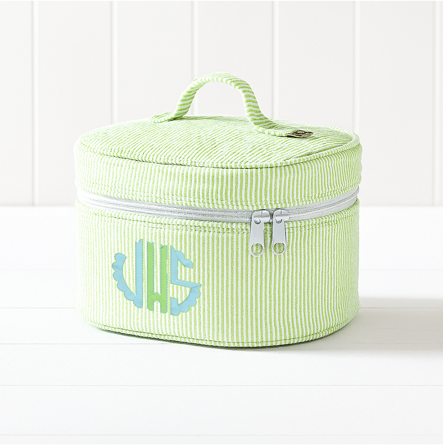 Monogrammed Green Stripe Seersucker Train Case