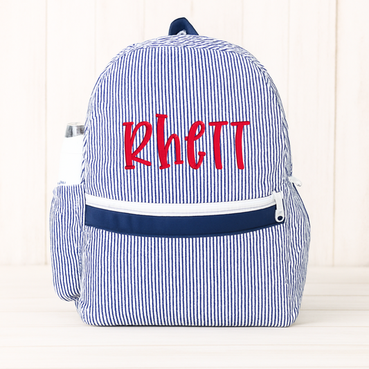 Monogrammed Navy Seersucker Medium Backpack