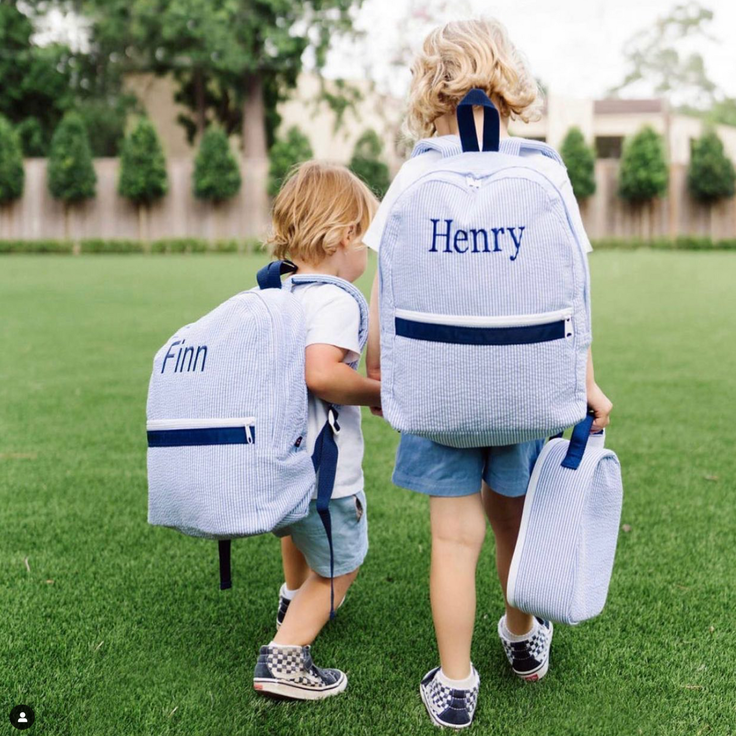 Monogrammed Navy Seersucker Medium Backpack