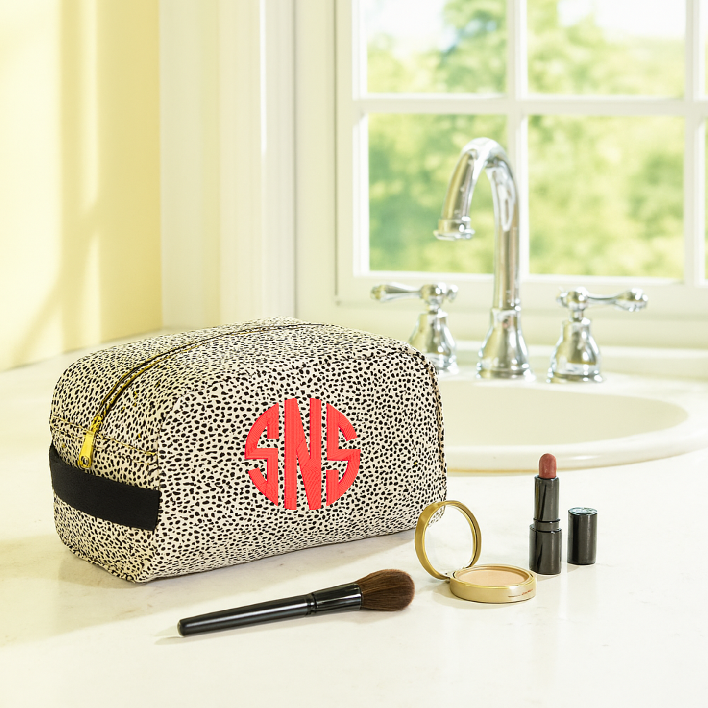 Monogrammed Cheetah Seersucker Cosmetic Bag
