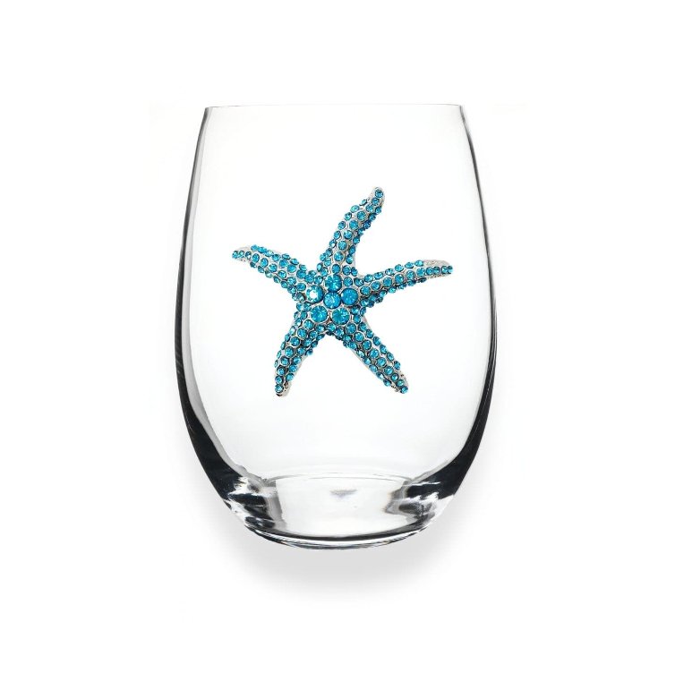 Blue Starfish Jeweled Stemless Wine Glass