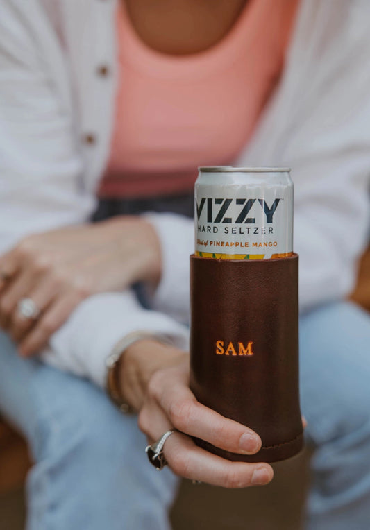 Lindy Leather Handcrafted Leather Slim Can Koozie | CeCe's Home & Gifts