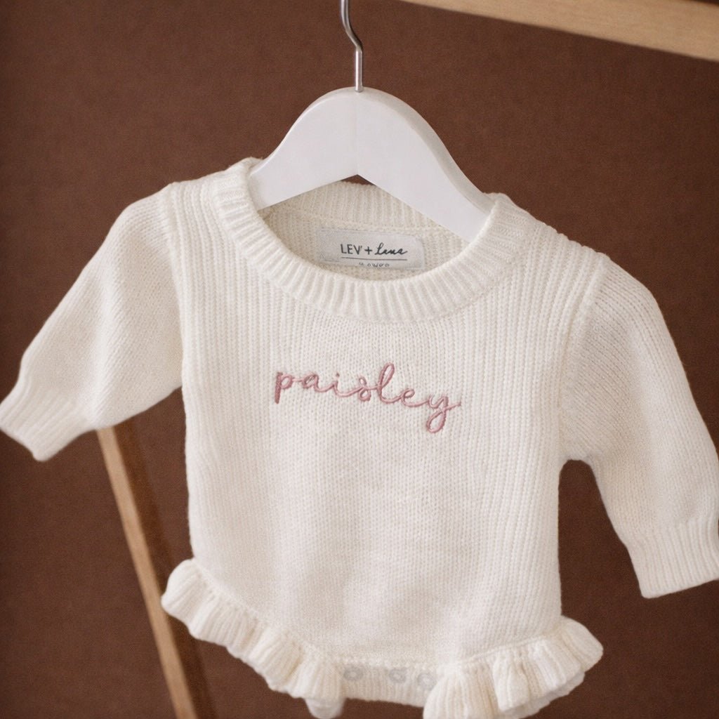 Levi & Jane Monogrammed Baby Ruffle Knit Romper - Ivory | CeCe's Home & Gifts