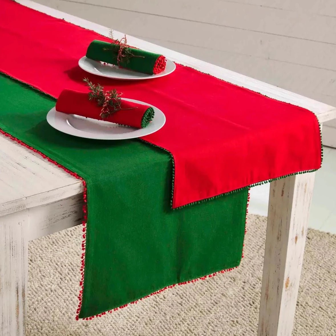 Mud Pie Mud Pie Green & Red Christmas Pom Pom Table Runners | CeCe's Home & Gifts