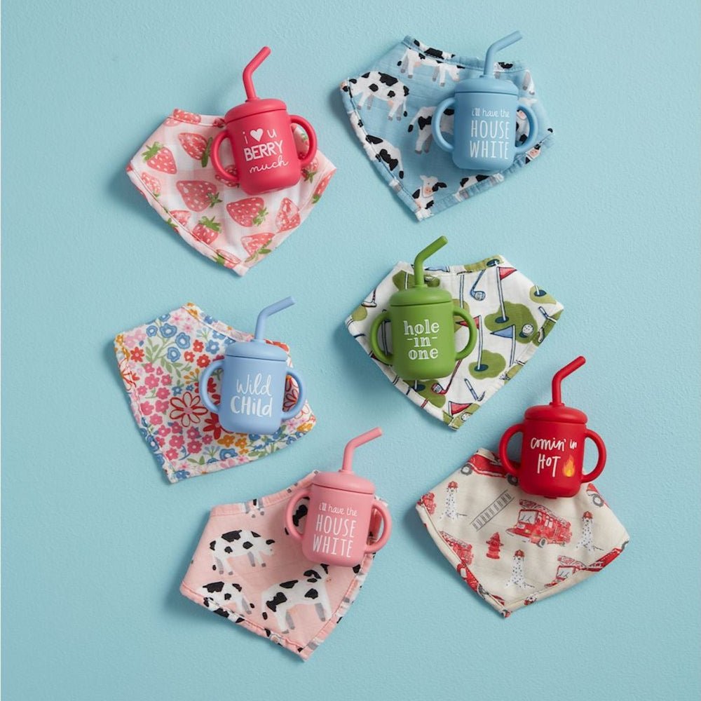 CeCe's Home & Gifts Mud Pie "I Will Have the House White" Pink Farm Silicone Cup & Bib Set | CeCe's Home & Gifts