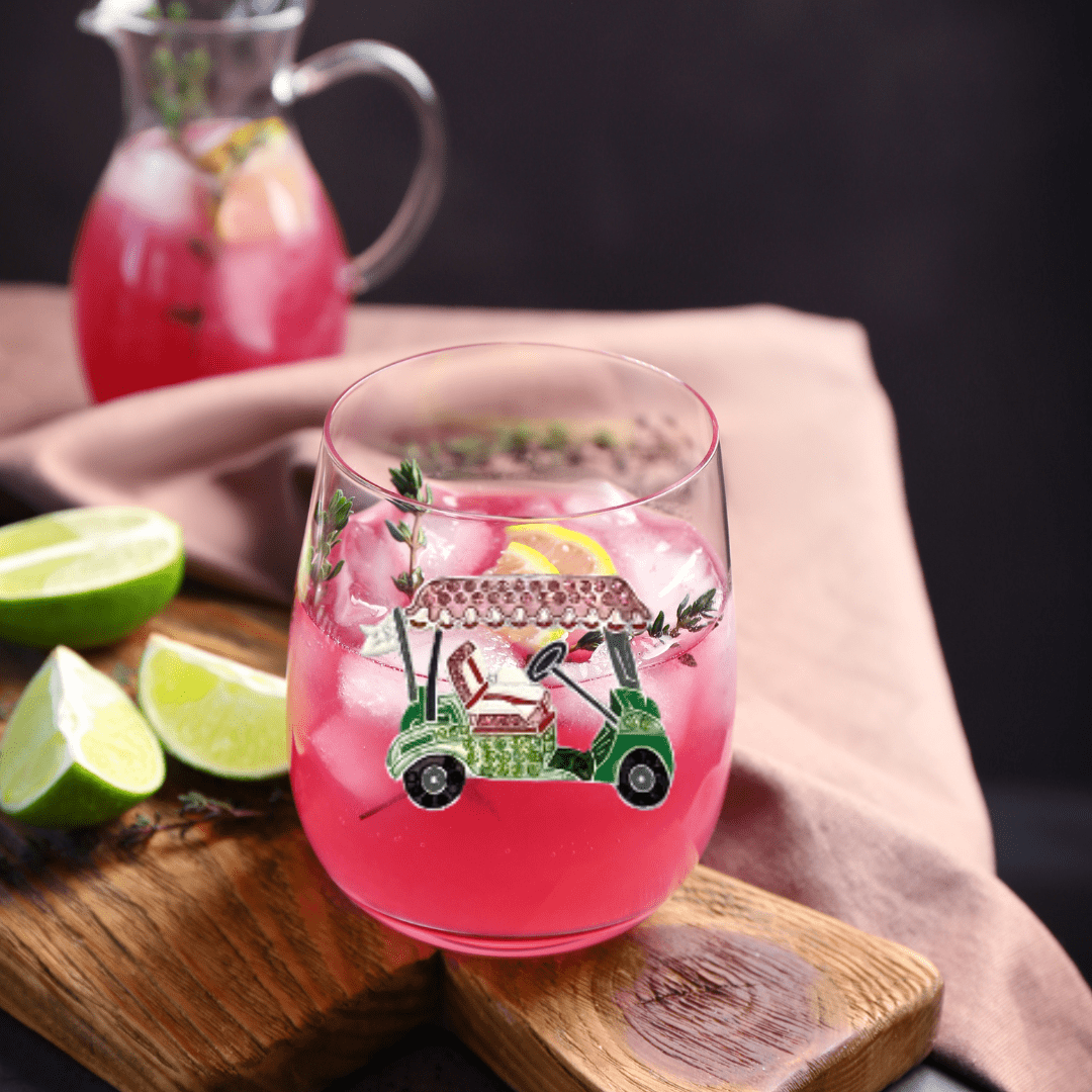 The Queens' Jewels Pink Golf Cart Jeweled Stemless Glass | CeCe's Home & Gifts