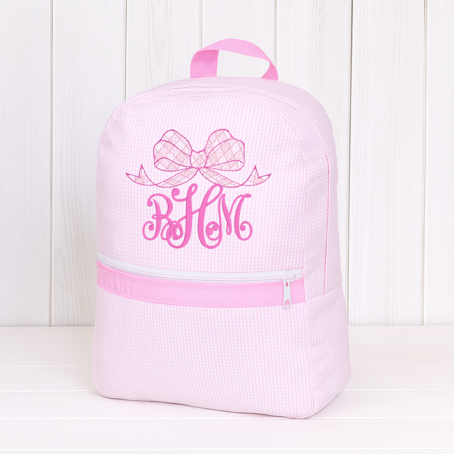 Monogrammed Pink Stripe Wipeable Small Backpack