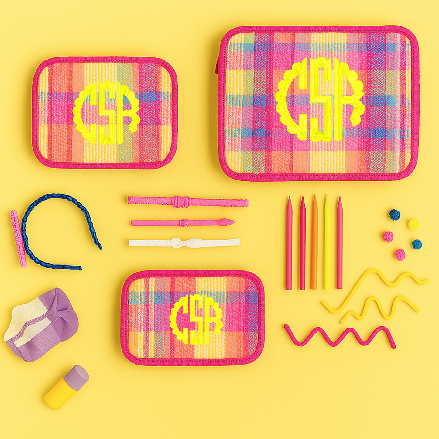 Monogrammed Popsicle Plaid Seersucker Stacking Set