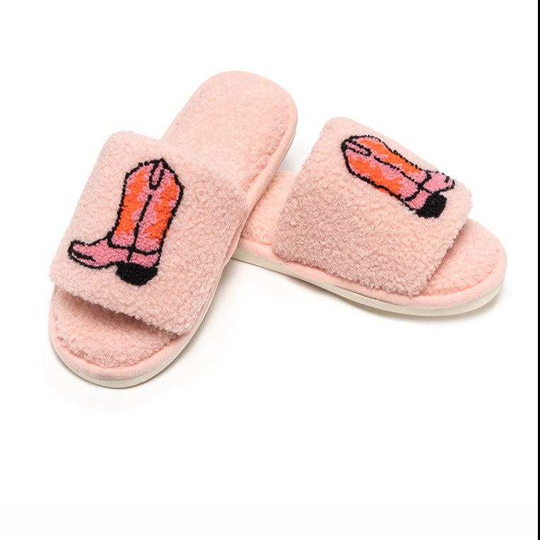 Sherpa Cowgirl Boots Slide Slippers Pink / S/M