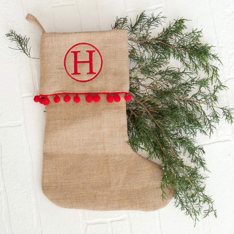 Viv & Lou Red Pom-Pom Burlap Stocking