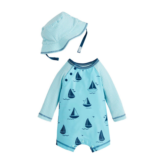 Mud Pie Sailboat Rashguard One-Piece & Hat Set