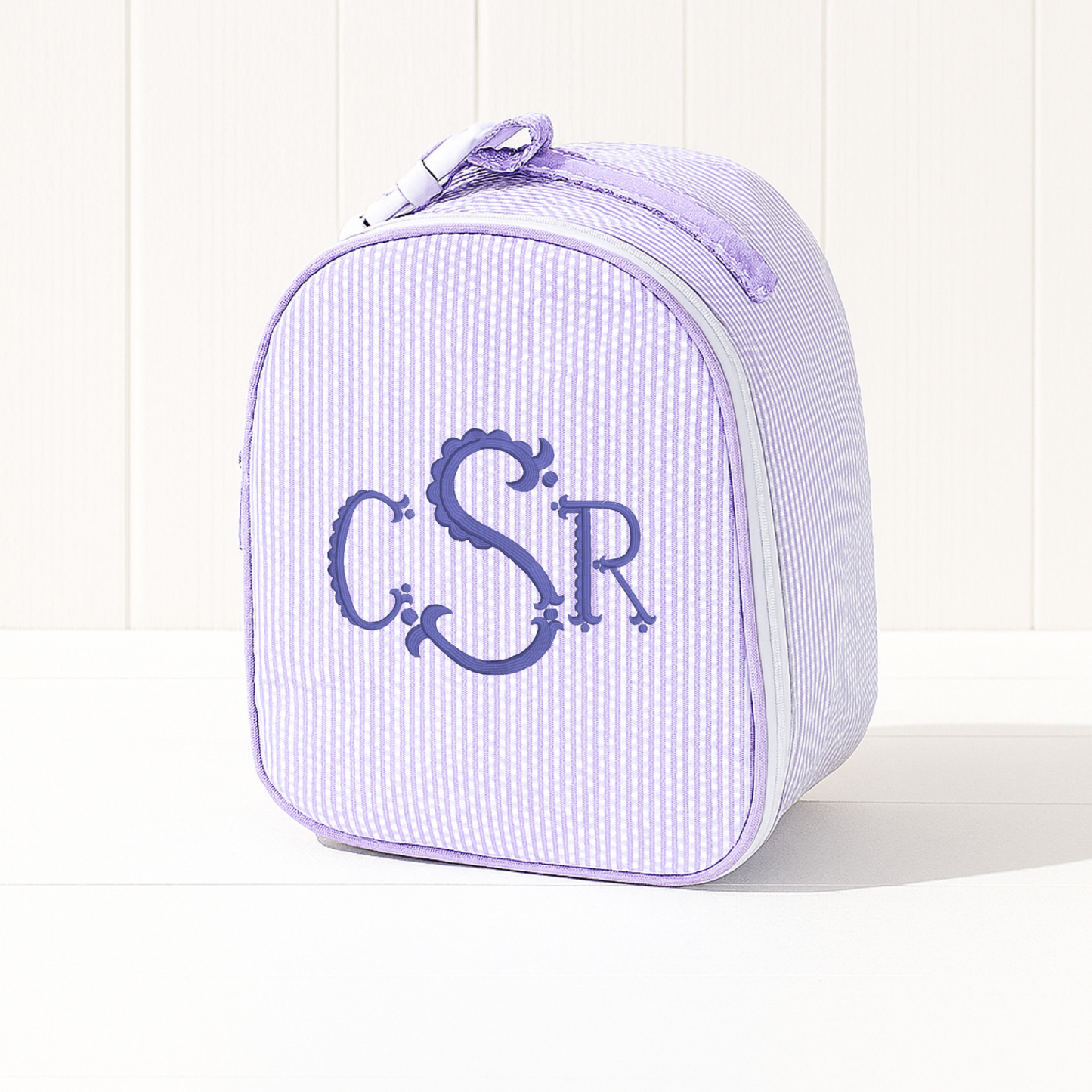 Monogrammed Lilac Seersucker Gumdrop Lunchbox