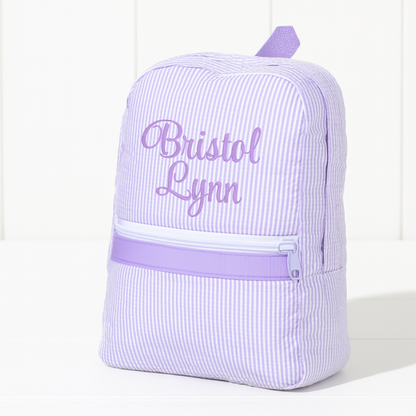 Monogrammed Lilac Seersucker Small Backpack
