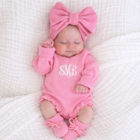 Monogrammed Baby Ruffle Knit Romper  - Bright Pink