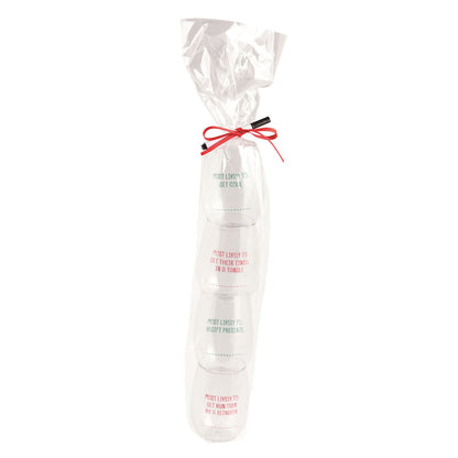A clear plastic gift-wrapped cylindrical product tied with a red ribbon, shown on a plain white background. The wrapping has printed text in green and red, and the product inside appears frosted or translucent.