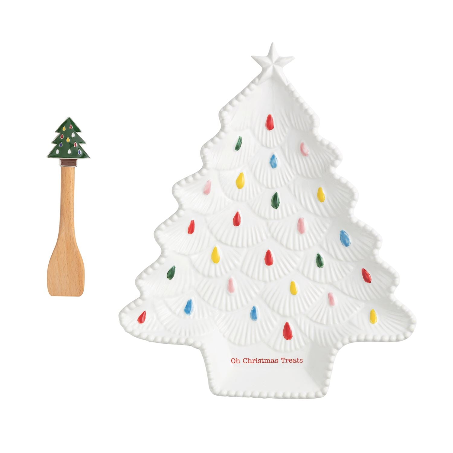 Christmas tree-shaped plate with colorful lights and a wooden spoon on a white background