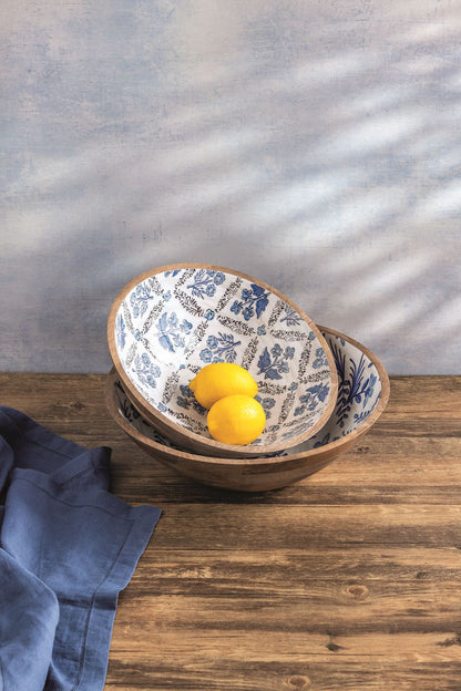 Mud Pie Blue Floral Wooden Bowl Set