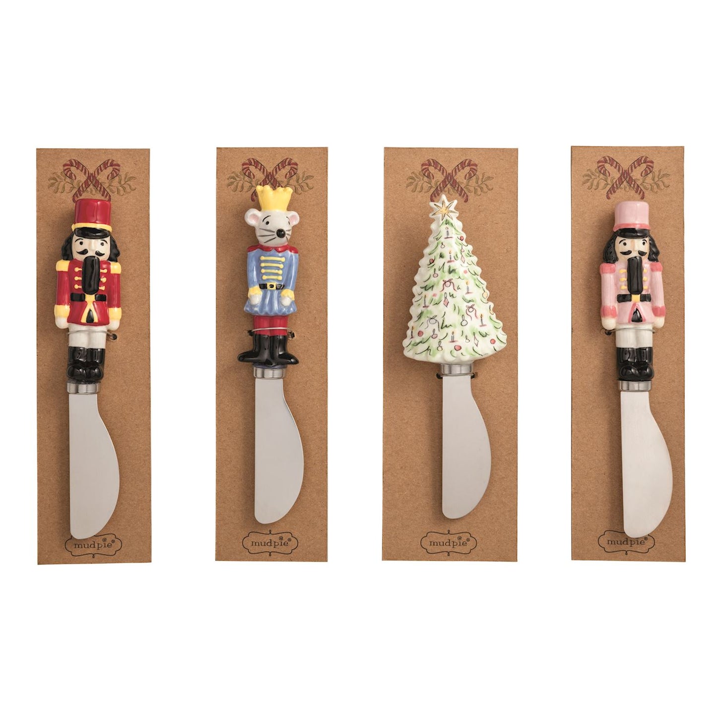 Set of four decorative spreaders with unique designs on brown packaging