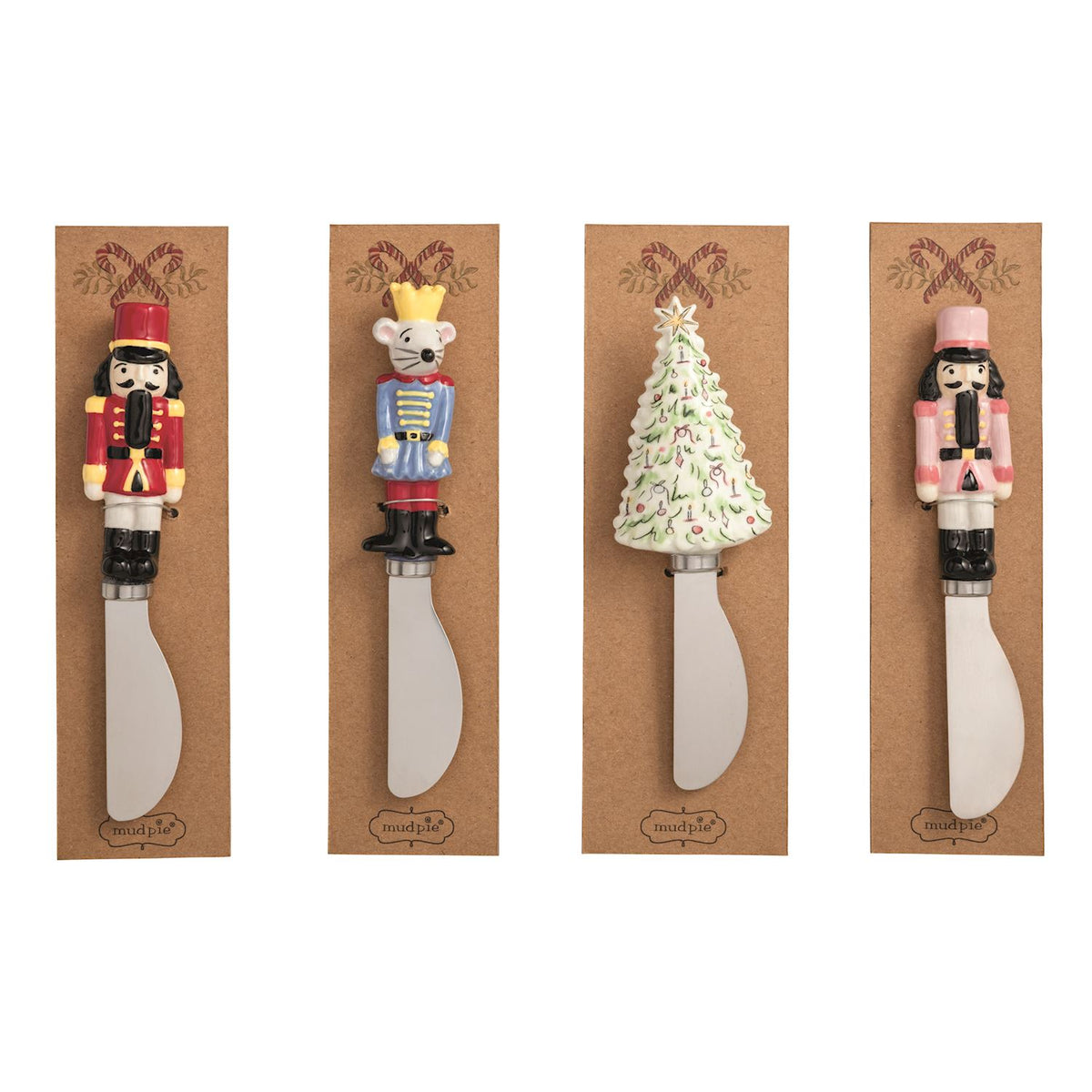 Set of four decorative spreaders with unique designs on brown packaging