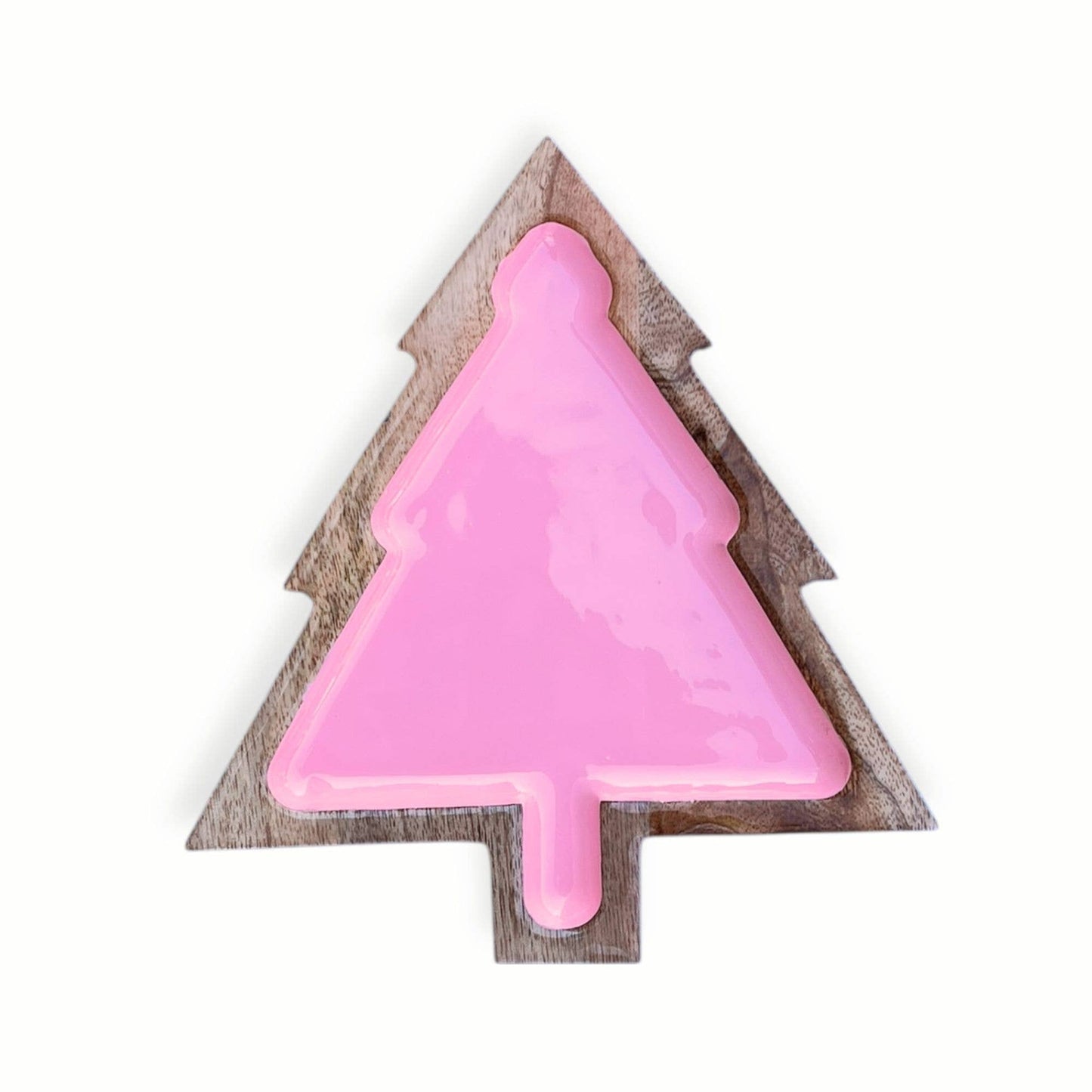 Pink Christmas Tree Enamed Mango Tray - 10"