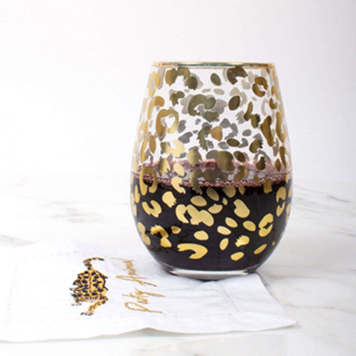 8 Oak Lane Gold Leopard Stemless Wine Glass - CeCe's Home & Gifts