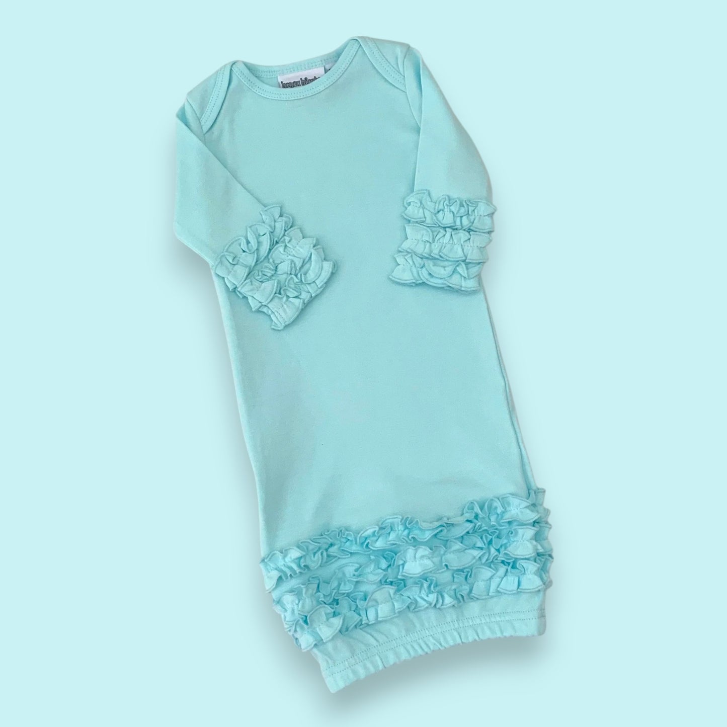 Monogrammed Mint Ruffle Day Gown
