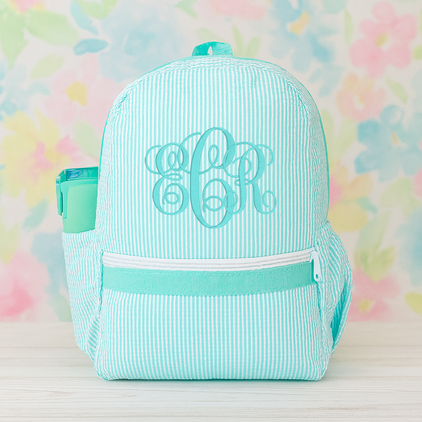 Monogrammed Mint Seersucker Medium Backpack