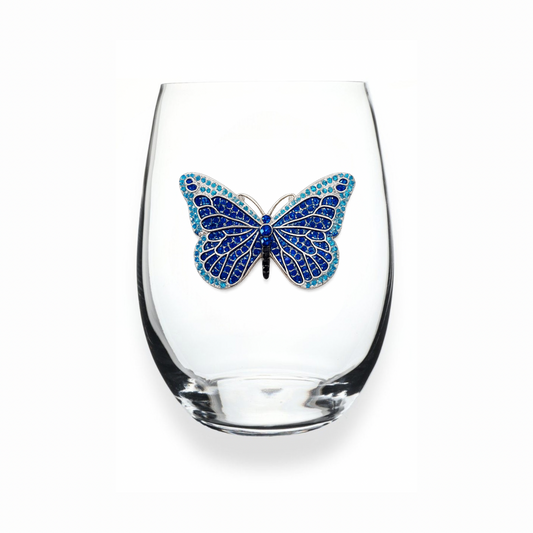 Blue Butterfly Jeweled Stemless Glassware