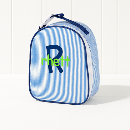Monogrammed Navy Seersucker Gumdrop Lunchbox