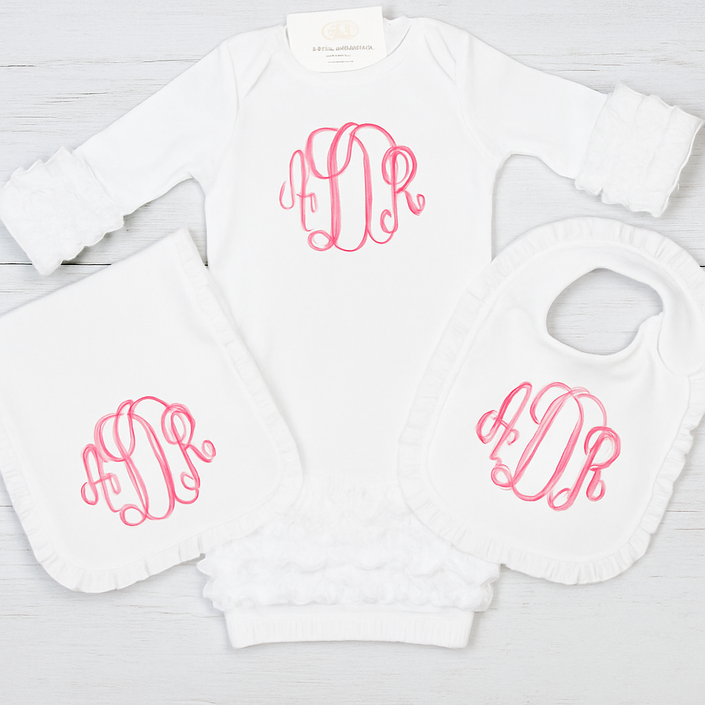 Monogrammed White Ruffle Day Gown