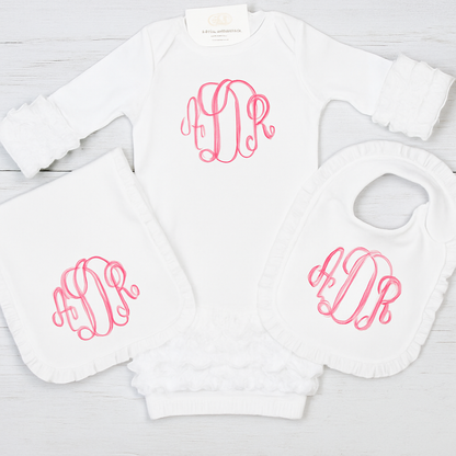 Monogrammed White Ruffle Day Gown