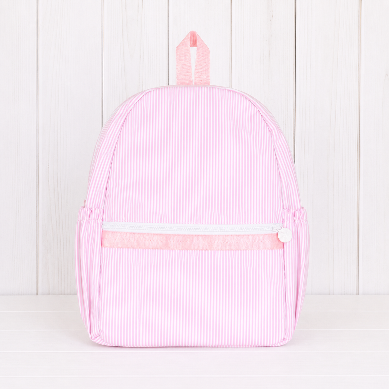 Monogrammed Pink Preppy Stripe Wipeable Medium Backpack
