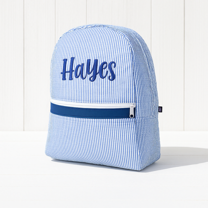 Monogrammed Navy Seersucker Small Backpack