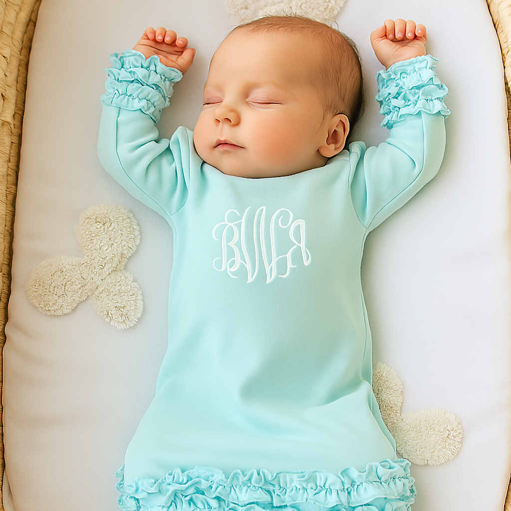 Monogrammed Mint Ruffle Day Gown
