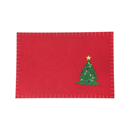A red felt Christmas tree ornament or decorative plaque featuring a green Christmas tree with yellow lights and a gold star, shown on a plain white background.