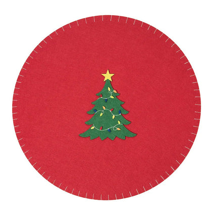 A round red felt Christmas tree skirt featuring a green Christmas tree with a gold star on top, shown against a plain white background.