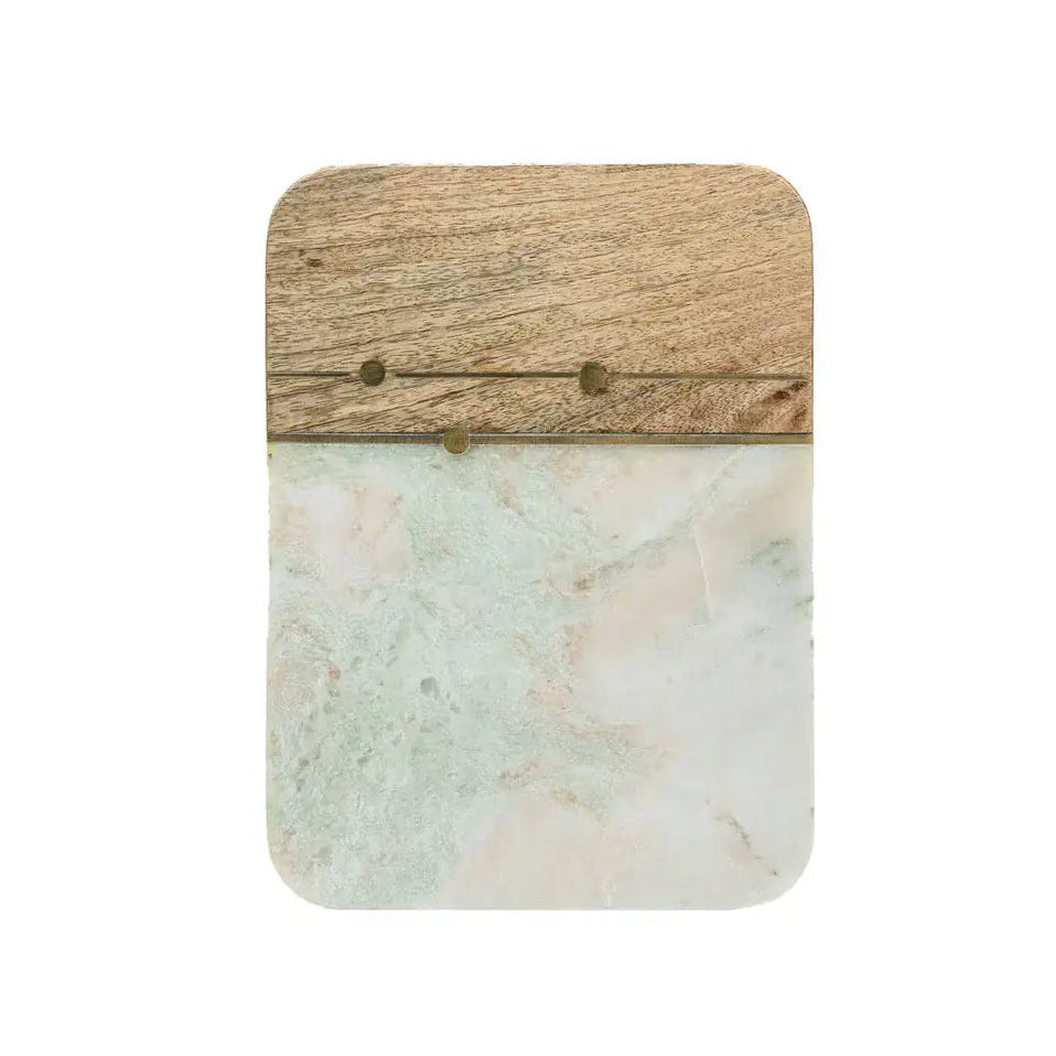 Square marble coaster with wooden border on a white background