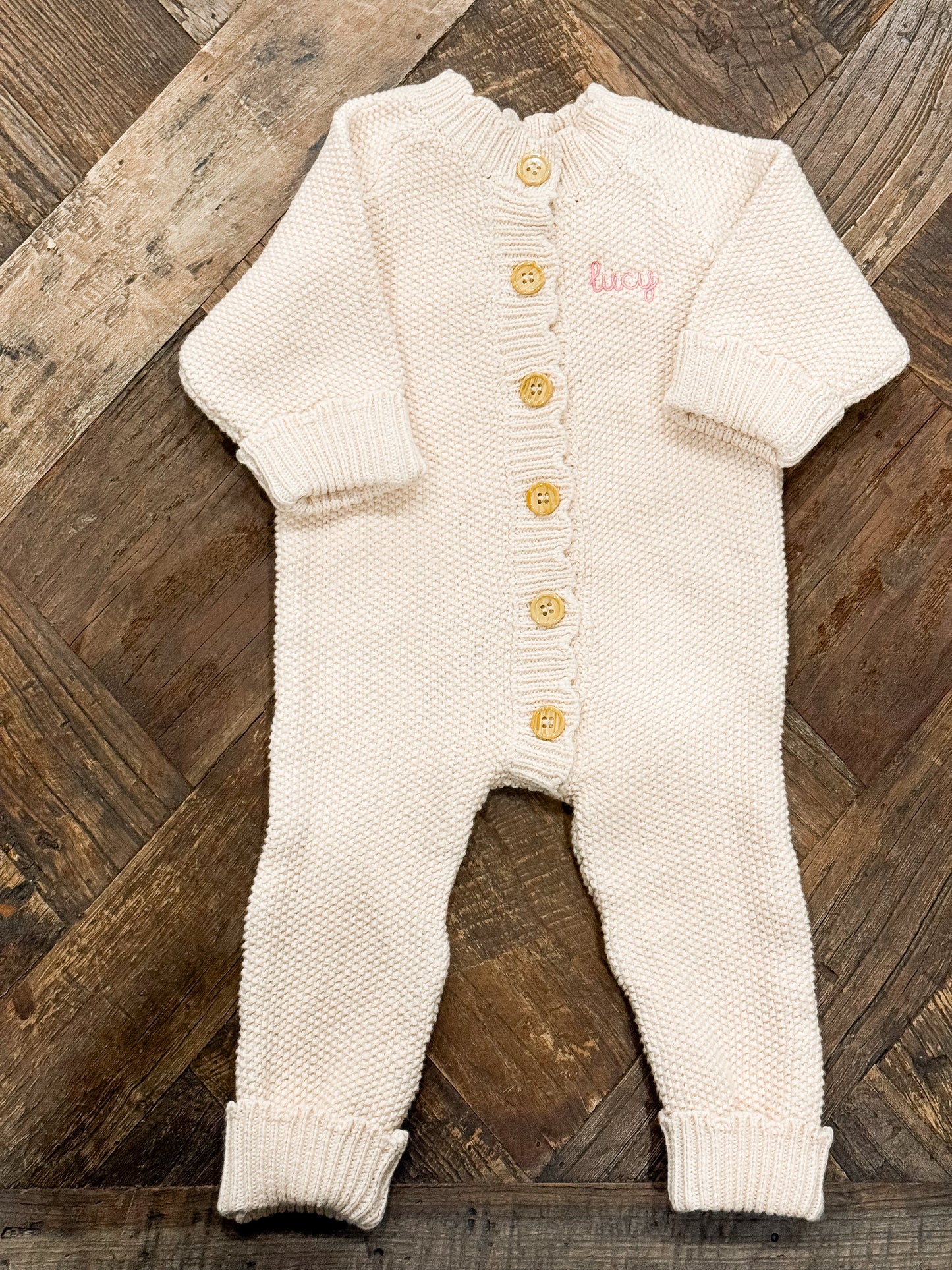 Monogrammed Scallop Knit Button Up Romper