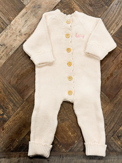 Monogrammed Scallop Knit Button Up Romper