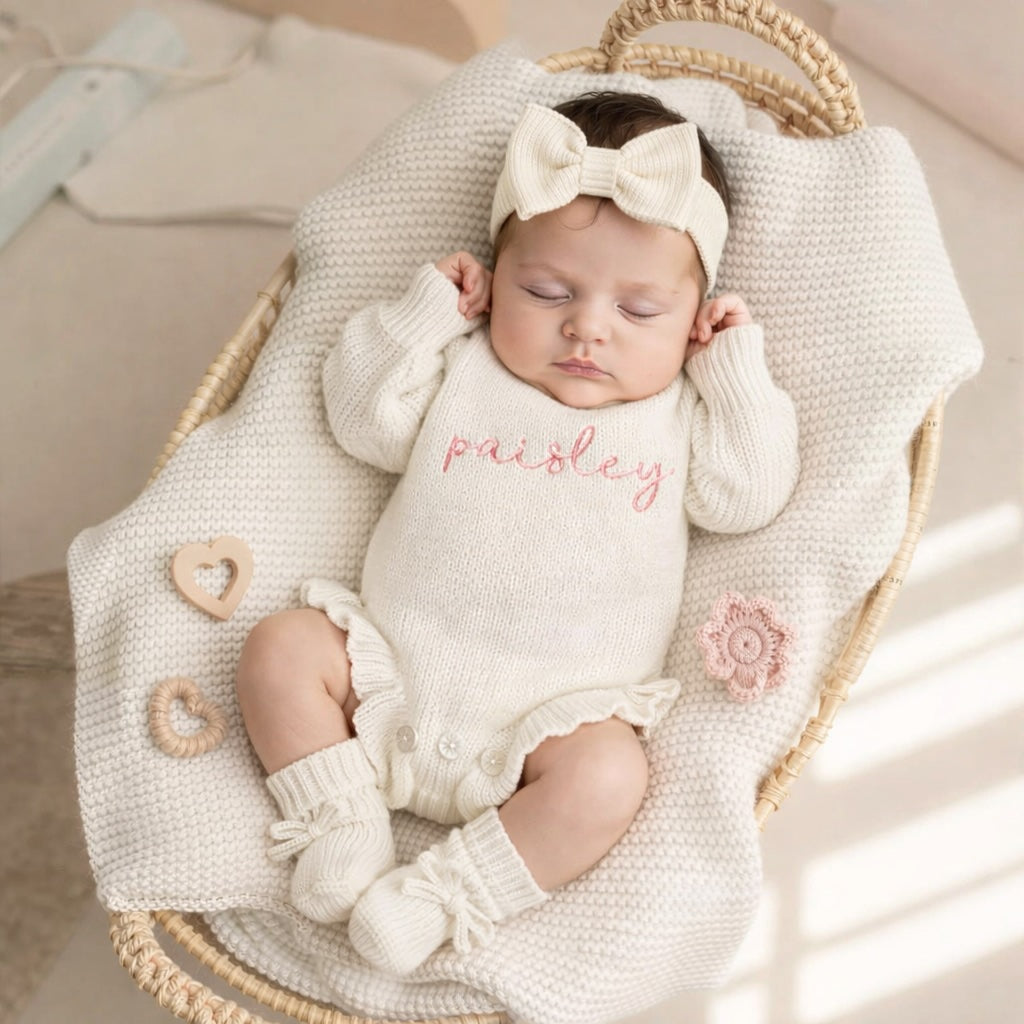 Monogrammed  Baby Ruffle Knit Romper  - Ivory