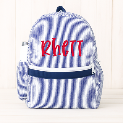 Monogrammed Navy Seersucker Medium Backpack