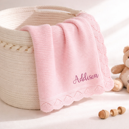 Monogrammed Light Pink Scallop Edge Knit Blanket