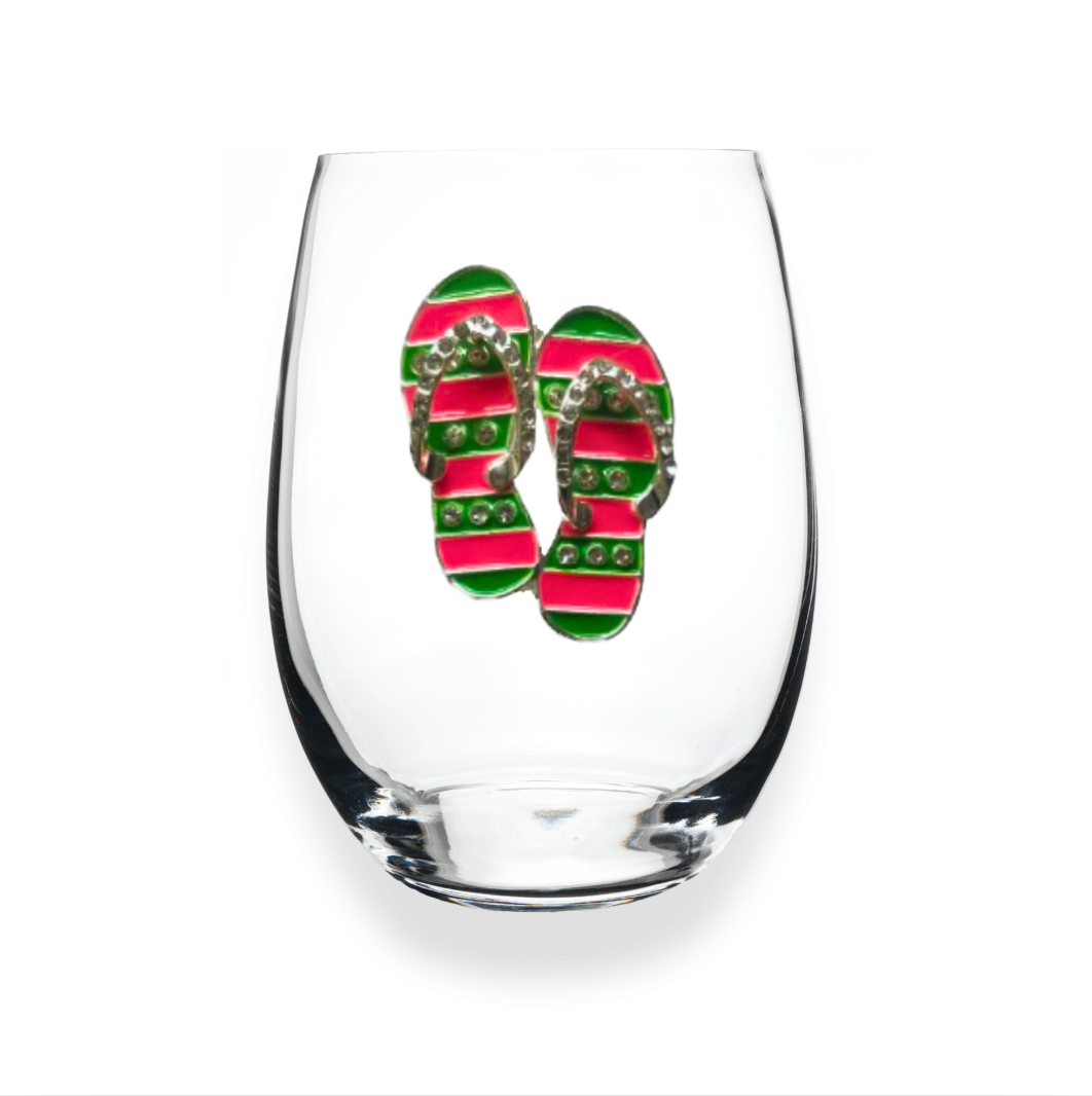 Pink & Green Flip Flop Jeweled Stemless Glassware