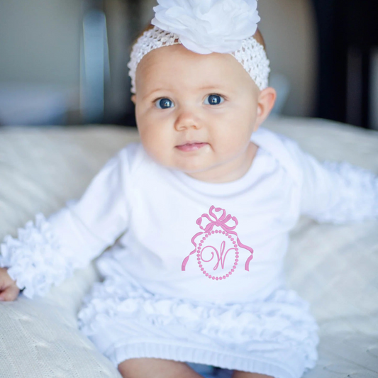 Monogrammed White Ruffle Day Gown